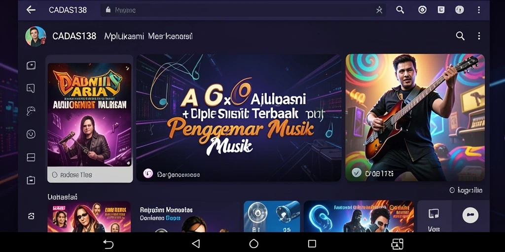 Screenshot gameplay CADAS138 menampilkan fitur pencarian lagu dan daftar putar.