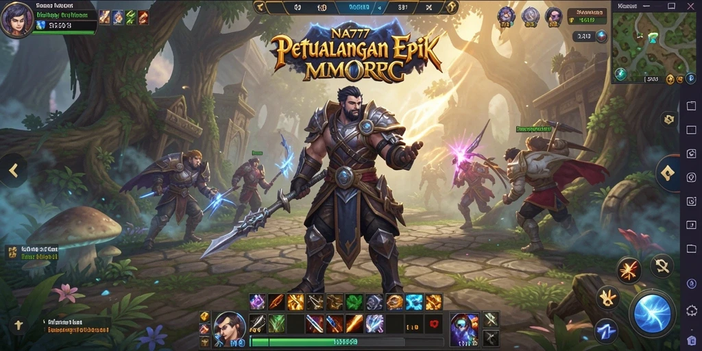 Tangkapan layar gameplay NA777 yang menampilkan pertempuran epik dalam MMORPG.