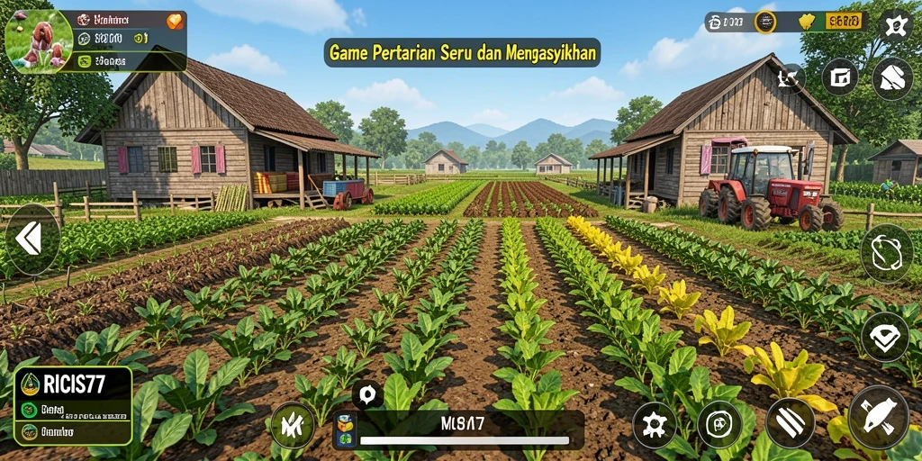Screenshot menunjukkan gameplay seru RICIS77 dengan pertanian yang subur.